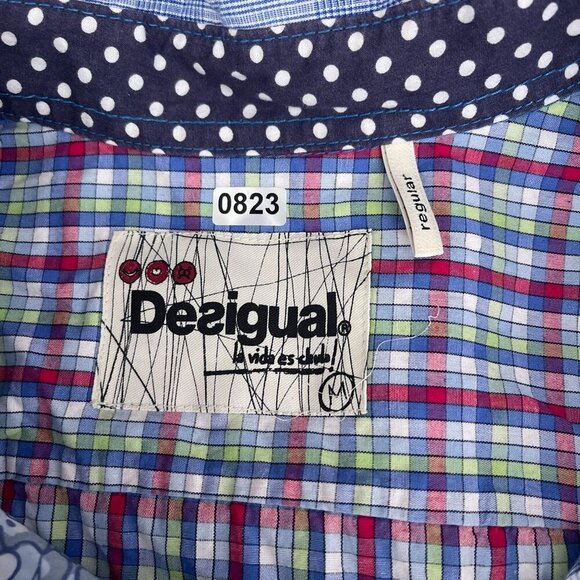 90's Desigual Long Sleeve Plaid Patchwork Floral Button Up‎ Shirt Unisex Mens M - Picture 7 of 12
